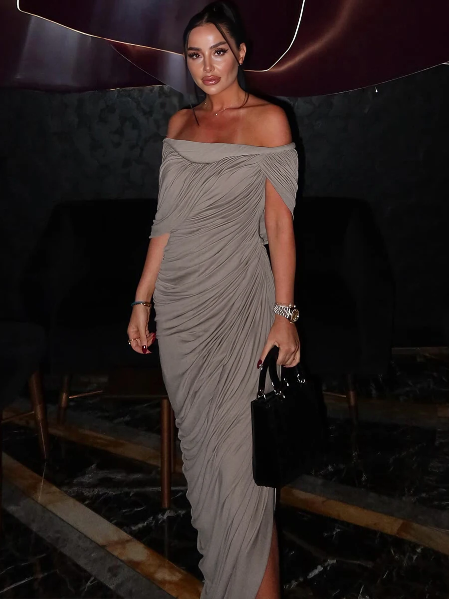 Kliou Ruched Elegant Long Dress Woman Slash Neck Backless Irregular Shape Gown Robe Midnight Prom Party Sexy Fashion Vestidos