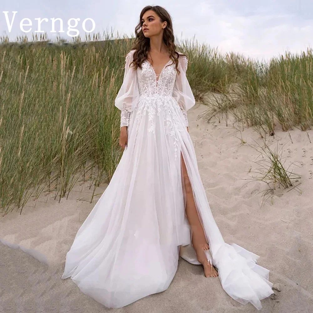 

Verngo lvory Tulle Wedding Dress Women Lace Appliques A Line Bridal Gowns V Neck Puf Long Sleeves Boho Bride Dress 2024