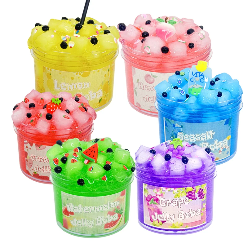 Jelly Cube Slimes Kit Antystresowy Crunchy Glitter Crystal Glue Boba Slimes Transparent Ultra Soft Non Stick Fruit Crystal Mud