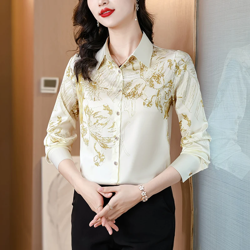 

Korean Fashion Women Blouse 2025 Elegant Office Lady Long Sleeve Printed Satin Shirts Vintage Basic Tops Casual Women's Clothing