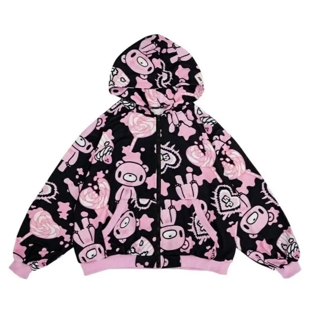 

Пальто с капюшоном с изображением кровного медведя, розовый, черный, толстовка с капюшоном с жестоким медведем для женщин и девочек, свободная верхняя одежда на молнии, уличная одежда в стиле Харадзюку