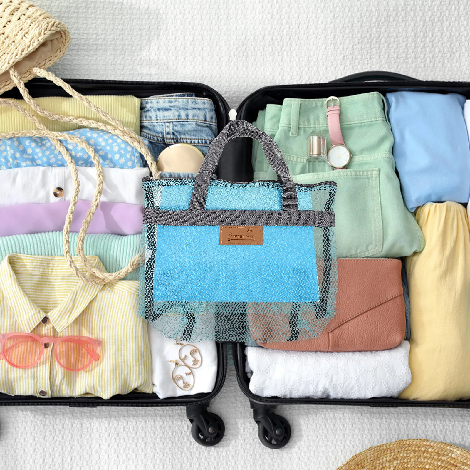 

Портативная сетчатая пляжная сумка-тоут большой вместимости, розовая, для хранения вещей, для бассейна, пикника, с карманом на молнии, для женских принадлежностей