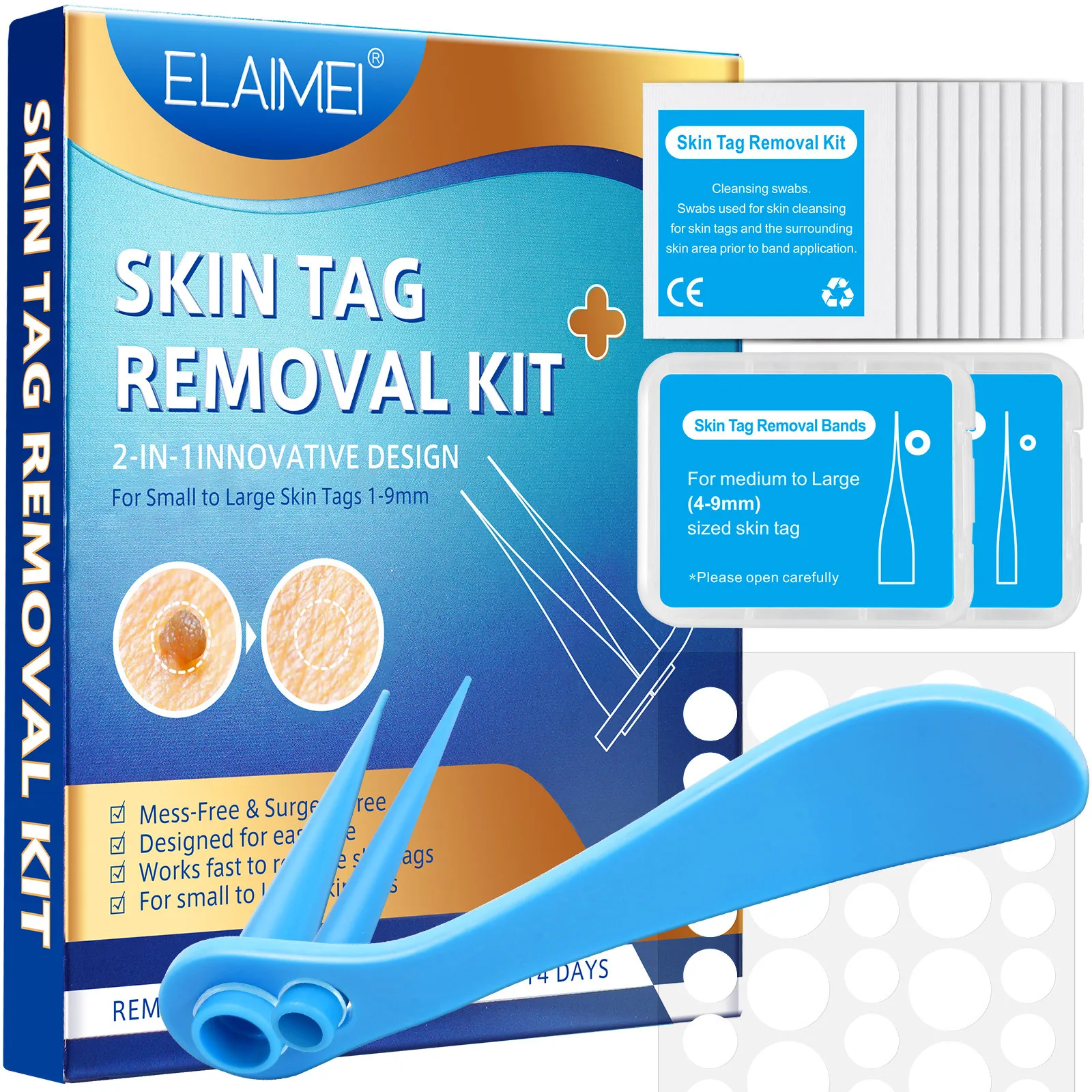 Kit de suppression des verrues, des grains de beauté et des excroissances cutanées, avec micro-bandes et outil de suppression automatique des grains de beauté, et lingettes nettoyantes