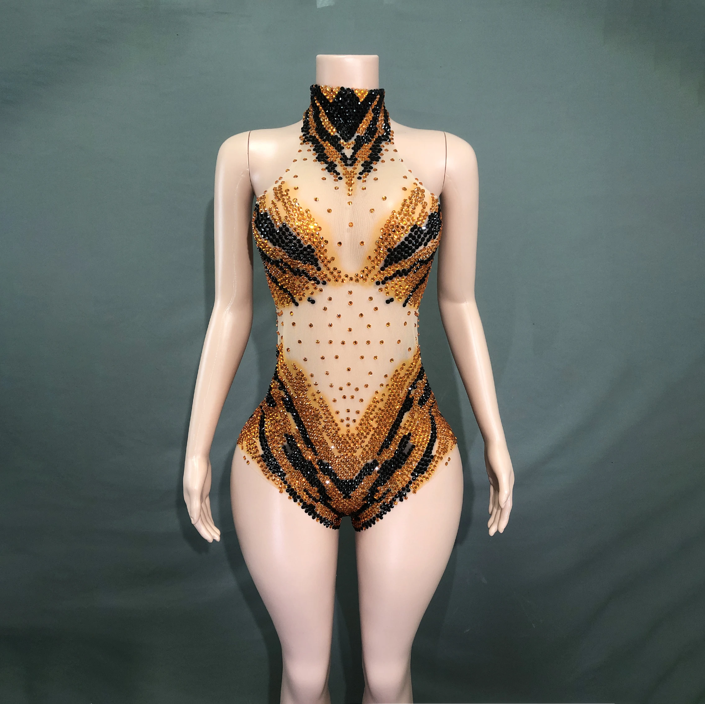 

bodysuit bright diamond sexy stage performance costume sleeveless high collar hanging neck see through sheer fabric