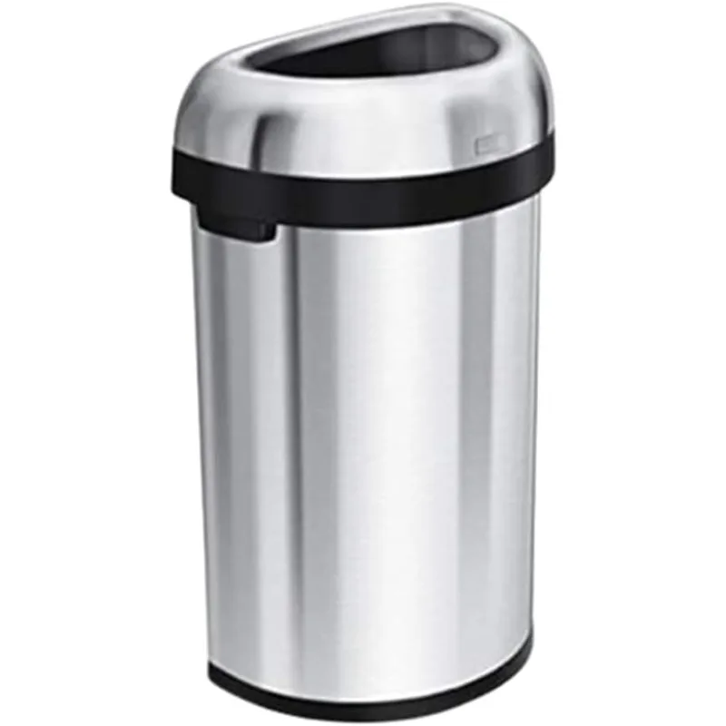 simplehuman 60 Liter / 15.9 Gallon Large Semi-Round Open Top Trash Can Commercial Grade Heavy Gauge, Brushed Stainless Steel