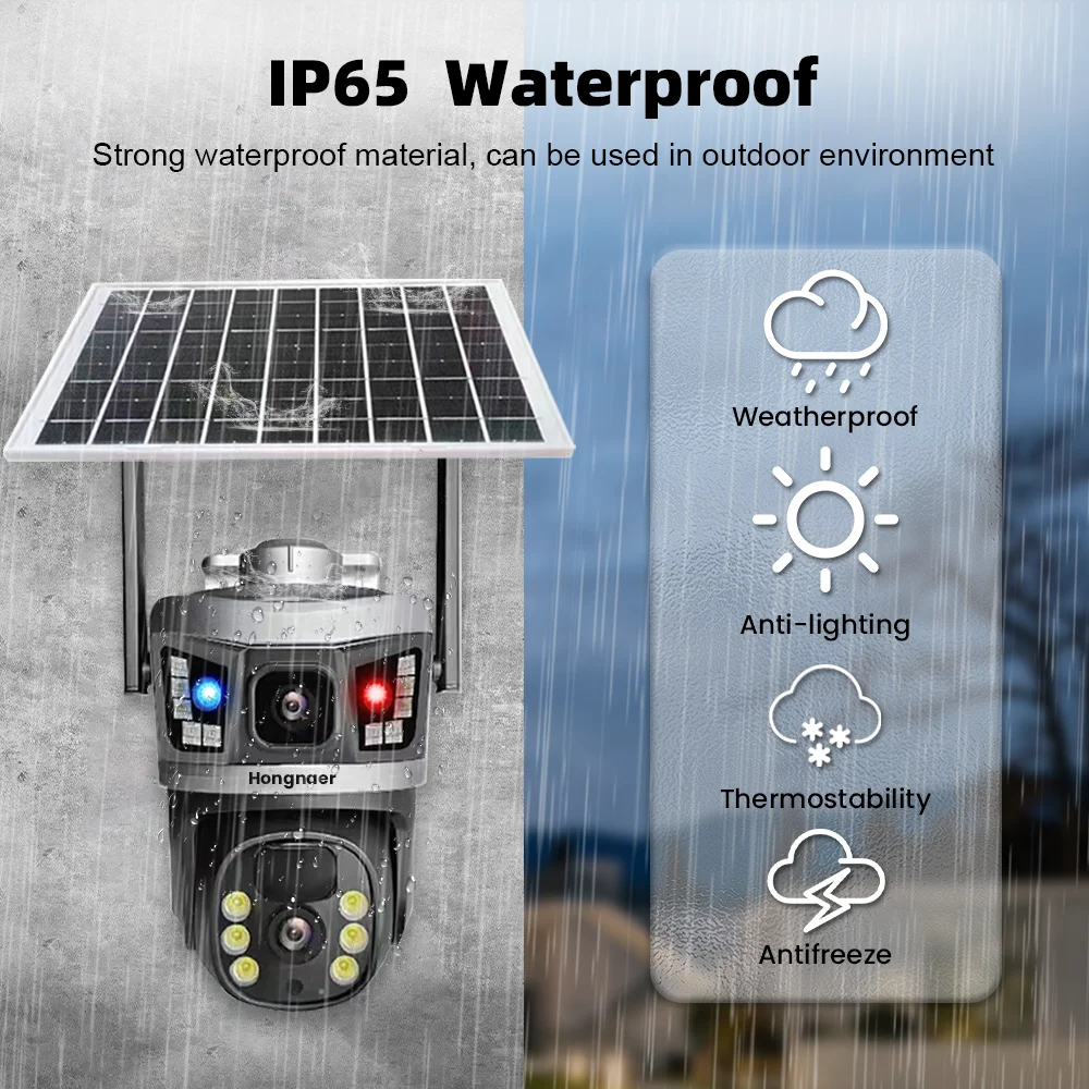 Hongnaer 8MP 4K Smart Solar Panel Powered Wireless WiFi PTZ IP V380 Pro Dual Lens WiFi Outdoor CCTV Solar Security Camera