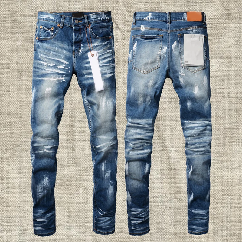 

2024 New High Street Purple Vintage Splash Ink Graffiti Jeans Youth Elastic Slim Calf Pants Denim