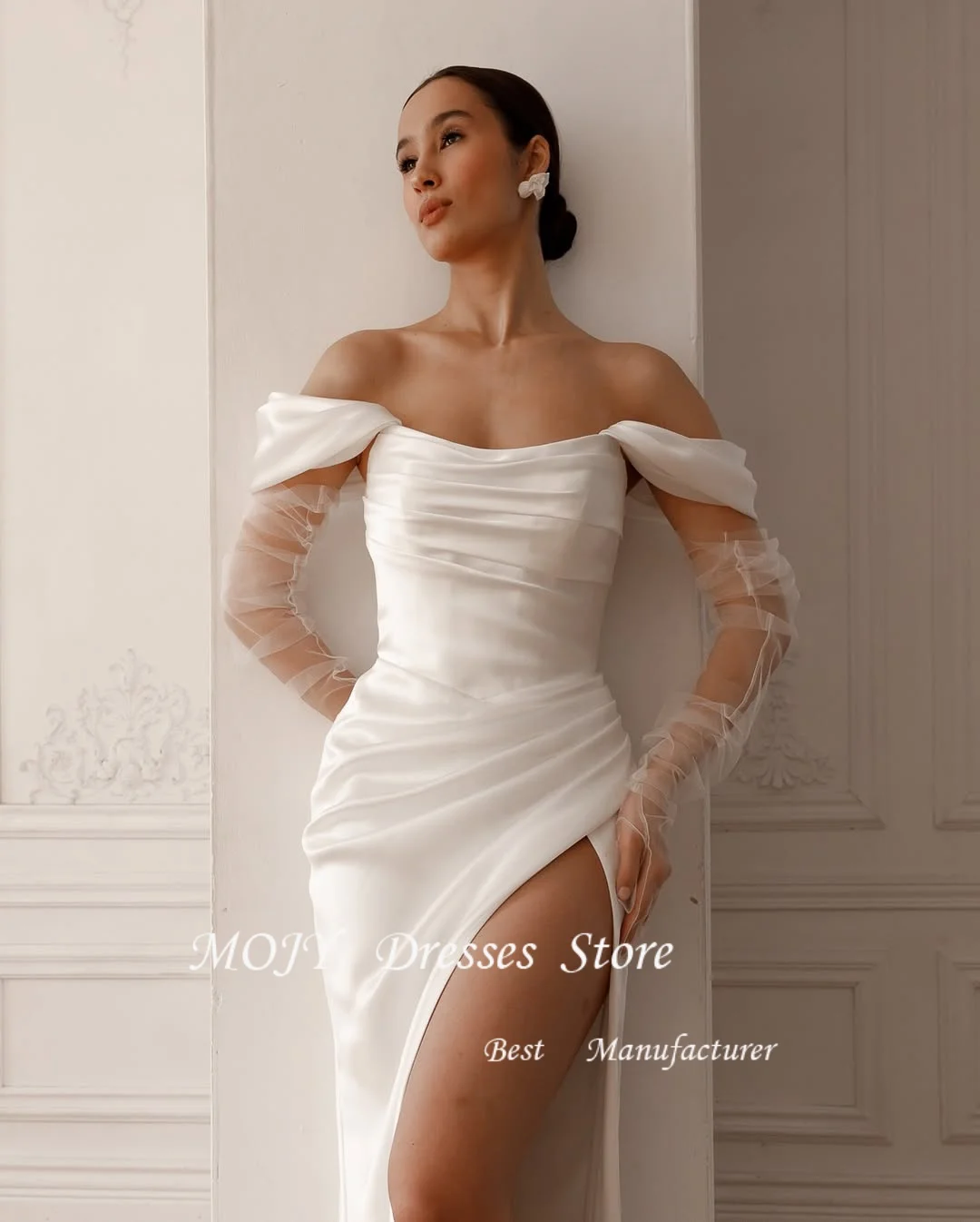 Mojy Customize To Measures Wedding Dress Side Slit Mermaid Floor Elegant Long Sleeve Spandex For Women robe de mariée musulmane