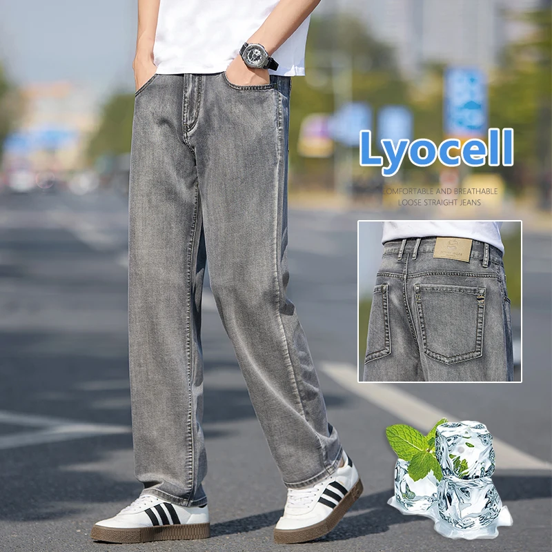 Lyocell Dünne Sommer-Jeans für Herren, Lose Gerade Passform, Atmungsaktive Denim-Hose, Bequeme Kühle Stretch-Business-Casual-Hose
