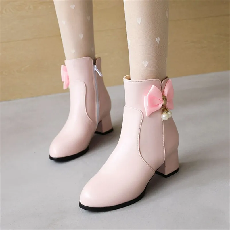 Bottes de rinçage à nœud doux pour filles, chaussures Lolita pour femmes, Parker rond, talons hauts, fermeture éclair, chaussures optiques, mode, automne, hiver, 32-43