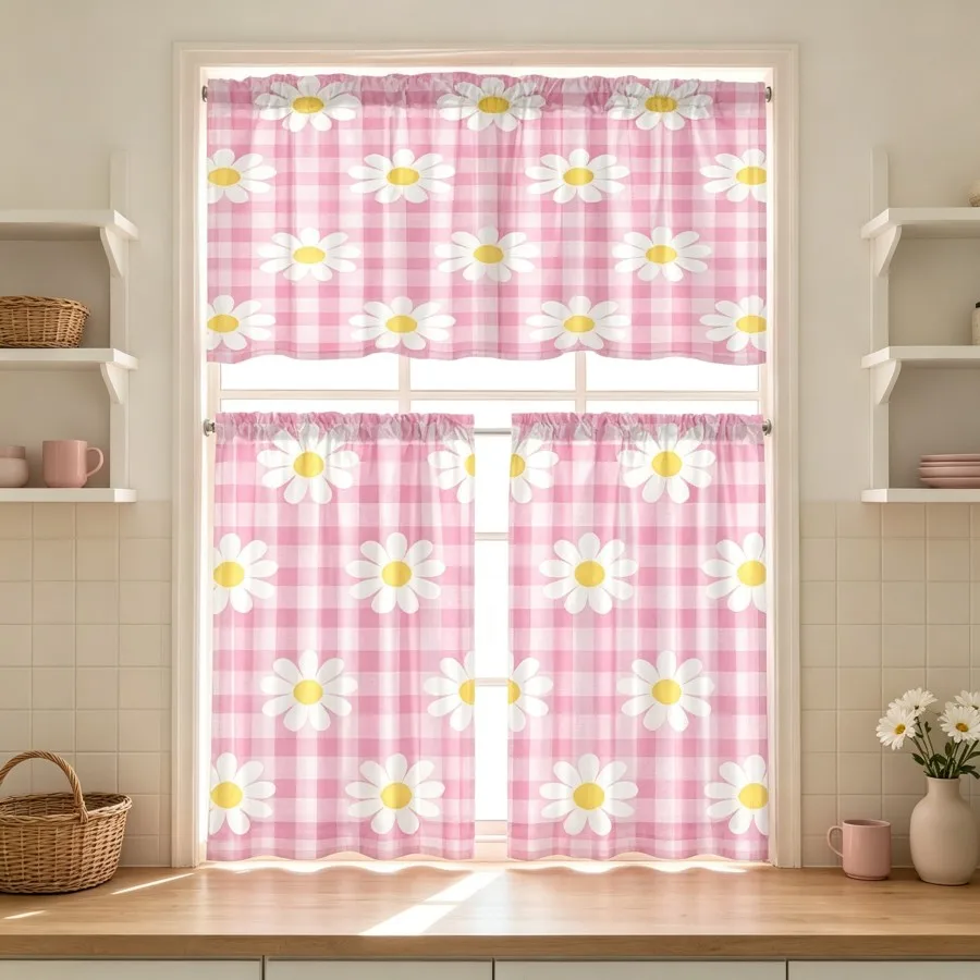 Pastoral Kitchen Curtains, Pink Checkered Daisy Gingham, Digital Print, Kitchen Dining Room, Rod Pocket Polyester, Home Decor
