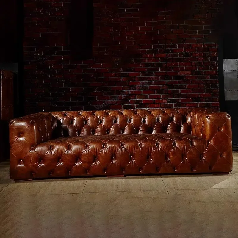 American classic buckle leather three-person vintage sofa vintage cigar bar oil wax leather villa living room furniture