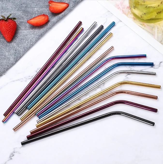 6pcs Metal Reusable 304 Stainless Steel Straws Straight Bent Drinking Straw With Case Cleaning Brush Set Party Bar accessory