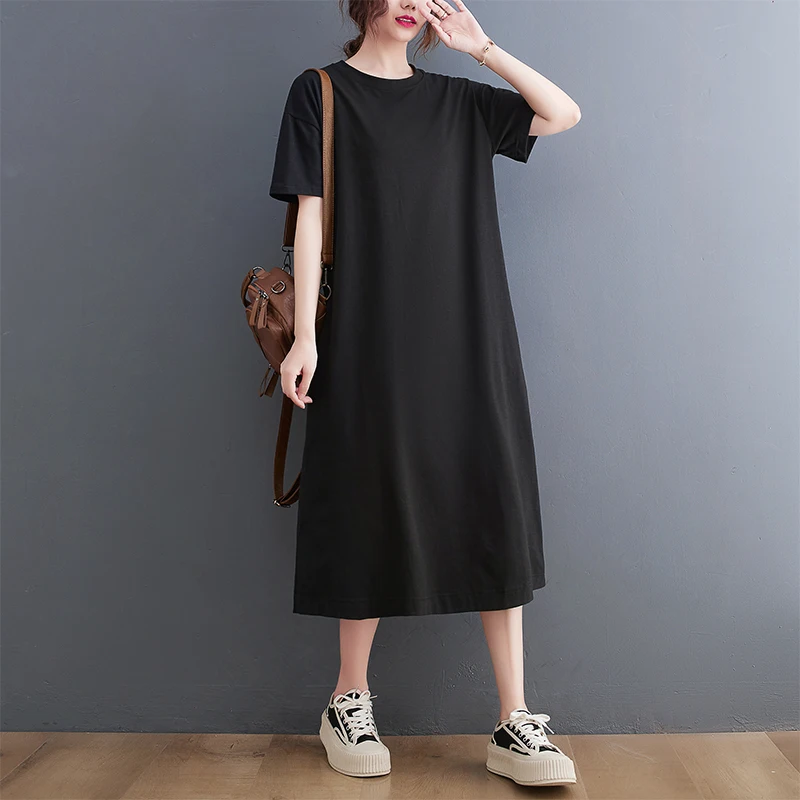 Grande taille décontracté été nouveau t-shirt ample Dr minceur genou longueur couleur Pure a-ligne Dr femmes Faion trajet Sle