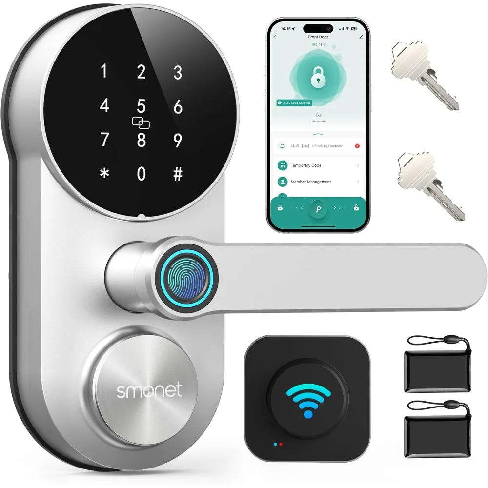 Smart WiFi Lock for Front Door: SMONET Fingerprint Keypad Lock with Handle - Keyless Entry Door Lock Compatible with Alexa Easy