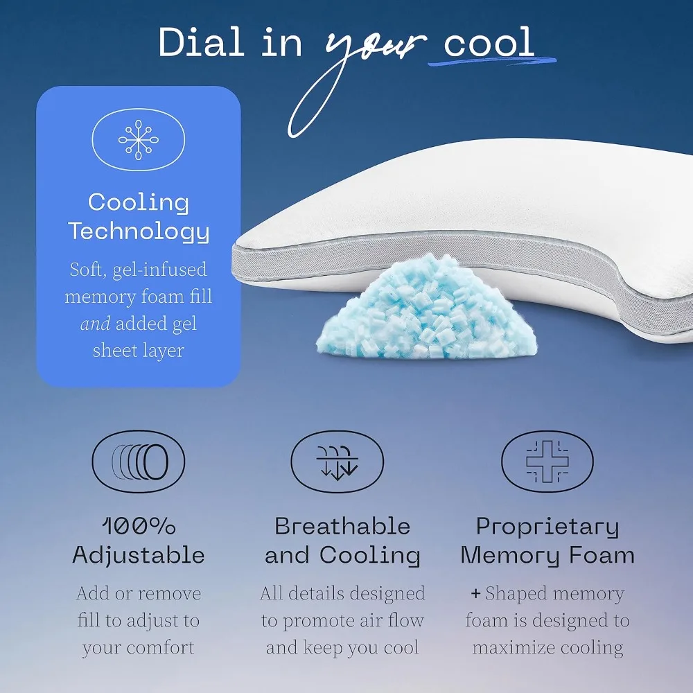 Eden Cool+ Crescent Adjustable Pillow, King Size Plus Shaped Memory Foam Pillows with Cooling Gel, Neck Support