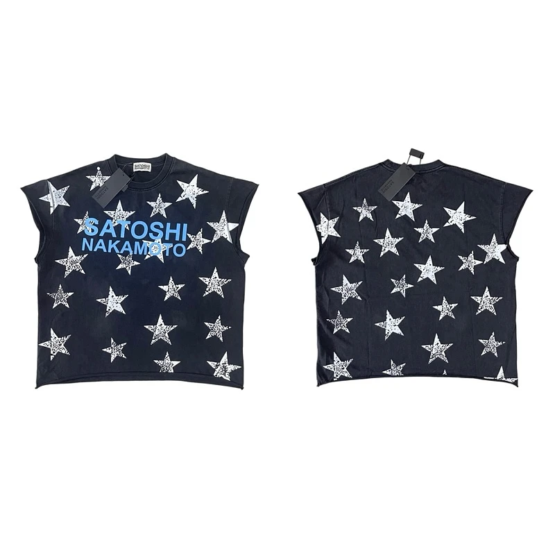 Men Women Satoshi Sleeveless Tank Top Render Hole Design High Quality Black Blue Lovers T‑shirt Star Print