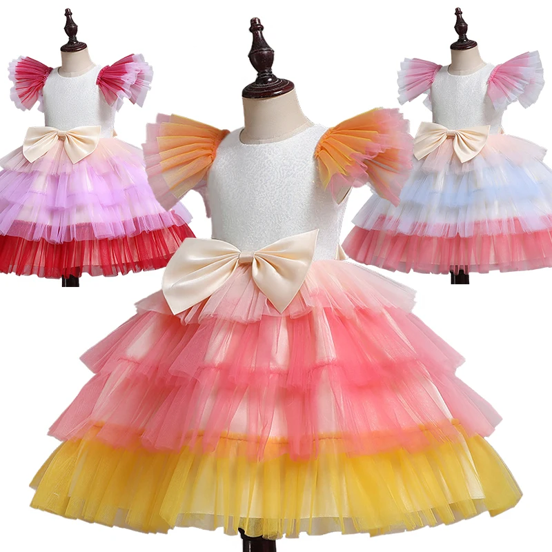 

Christmas Rainbow Sequin Fluffy Tiered Cake Dress for Girls Kids Clothes Elegant Girl Birthday Party Short Dresses Prom Clothing