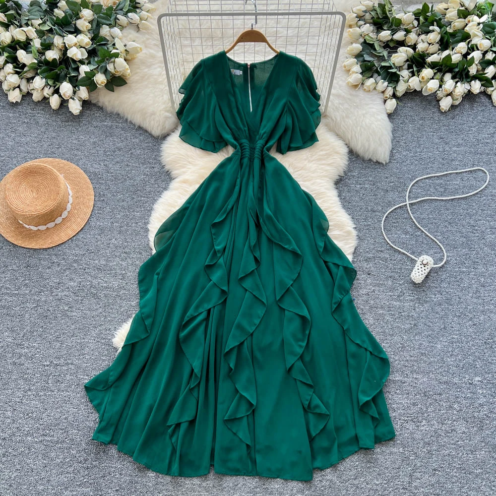 

Chic vintage Sexy V-neck Criss-Cross ruffle Fairy Summer Women Boho Sundress women clothing Long dress