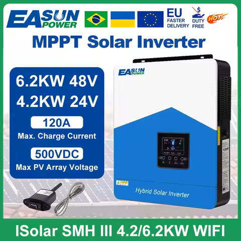 Easun 6.2KW 4.2KW solar inverter 48vDC 24VDC hybrid mppt 6200W pure sine wave hybrid charge controller 120A off grid On Grid
