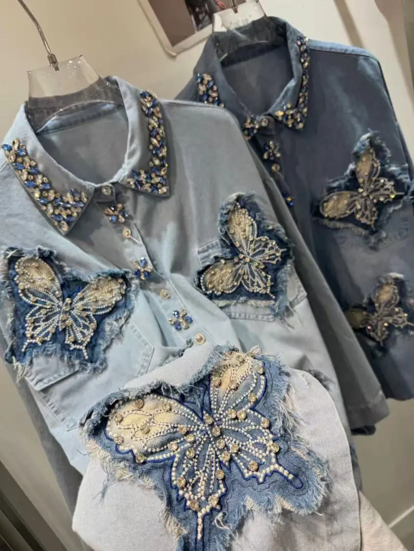 Autumn Trend Oversize Vintage Blue Denim Shirts Blouses Women's Casual Jeans Denim Top Outwear Denim Jacket Coat Woman Clothes