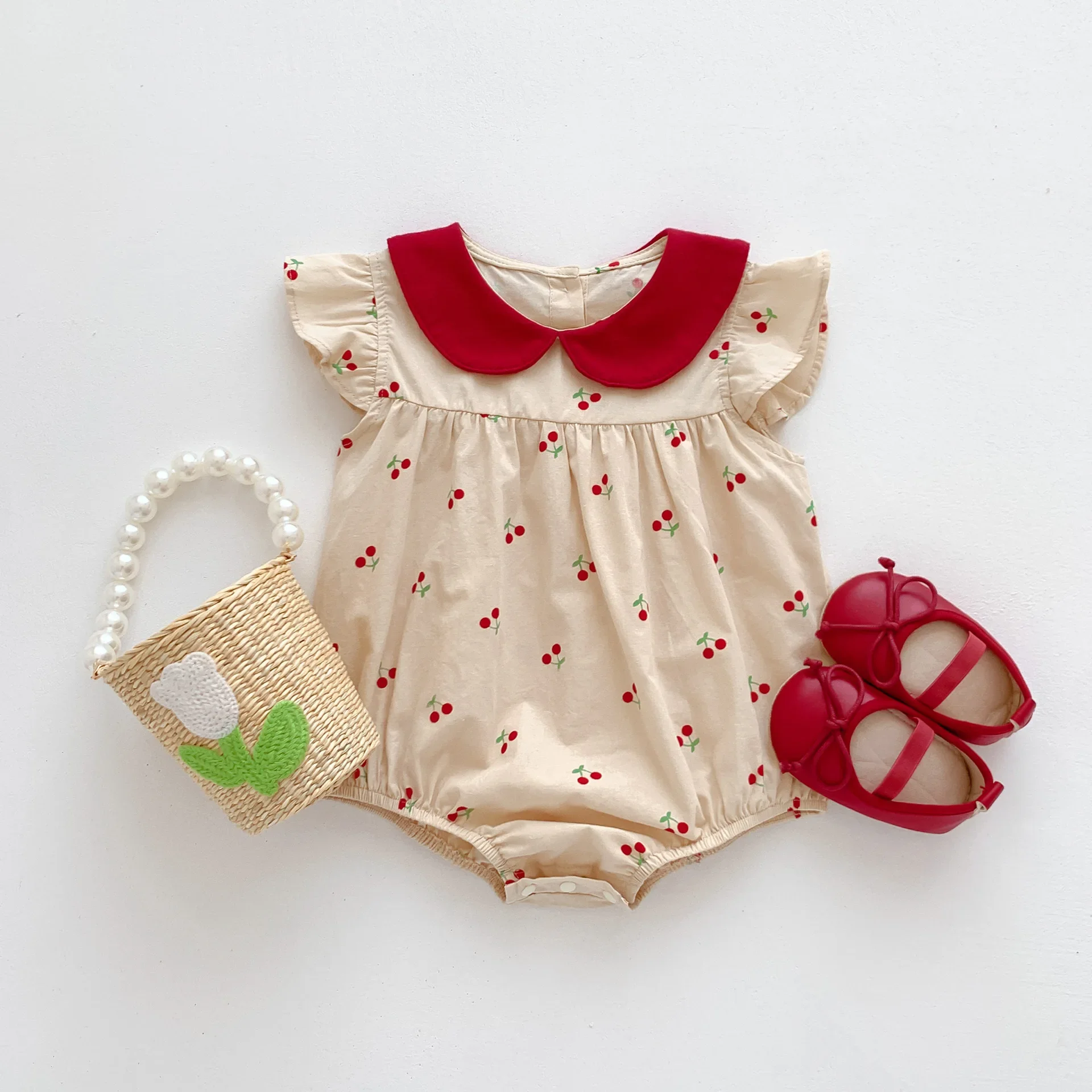 BARDIBESS 2024  Summer Girls Bodysuit Full Of Cherry Print Toddler One Piece  Peter Pan Collar  Girls Clothes