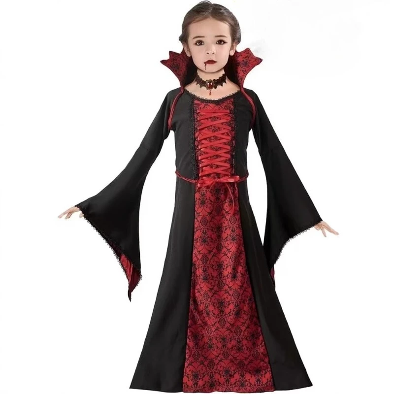 

Girls Vintage Witch Costume Medieval LaceUp Collar Flared Sleeves Printed Long Dress Halloween Party Outfit