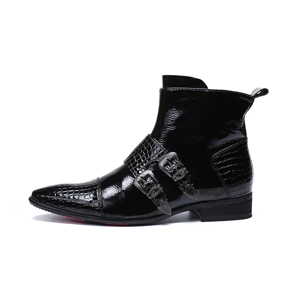 Black Buckle Patent Leather Low Heels Pointed Toe Zipper Boots Male Plus Size Fashion Party British Style Business Dress Shoes