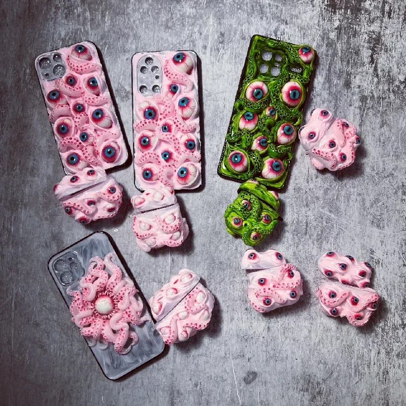 4091 Original 3D hecho a mano funda para teléfono móvil Cthulhu ojos de tentáculo gótico oscuro estilo Punk rosa personalizado regalo de Navidad y Halloween