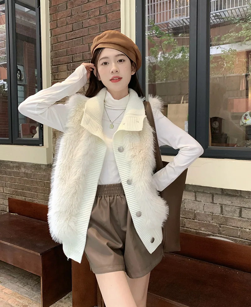 المرأة فو فرو منك سترة معطف محبوك تقسم سترات الصلبة الوقوف طوق واحدة الصدر مستقيم سميكة أنيقة عادية 2025 الشتاء