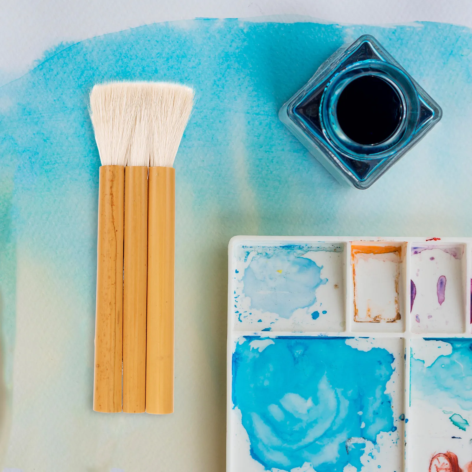 Wood Handle Watercolor Brush Wool Bristles Flat Design for Watercolor Painting Texture Boards Practicing Painting Brush Portable