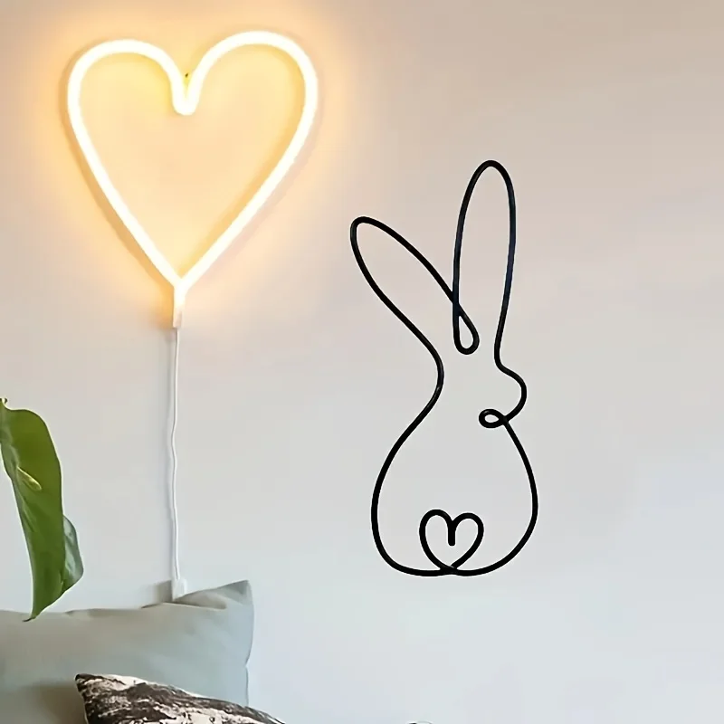 CIFBUY Classic Rabbit Heart Metal Wall Art Minimalist Line Iron Sculpture Hanging Decor For Living Room Bedroom Home Decoration