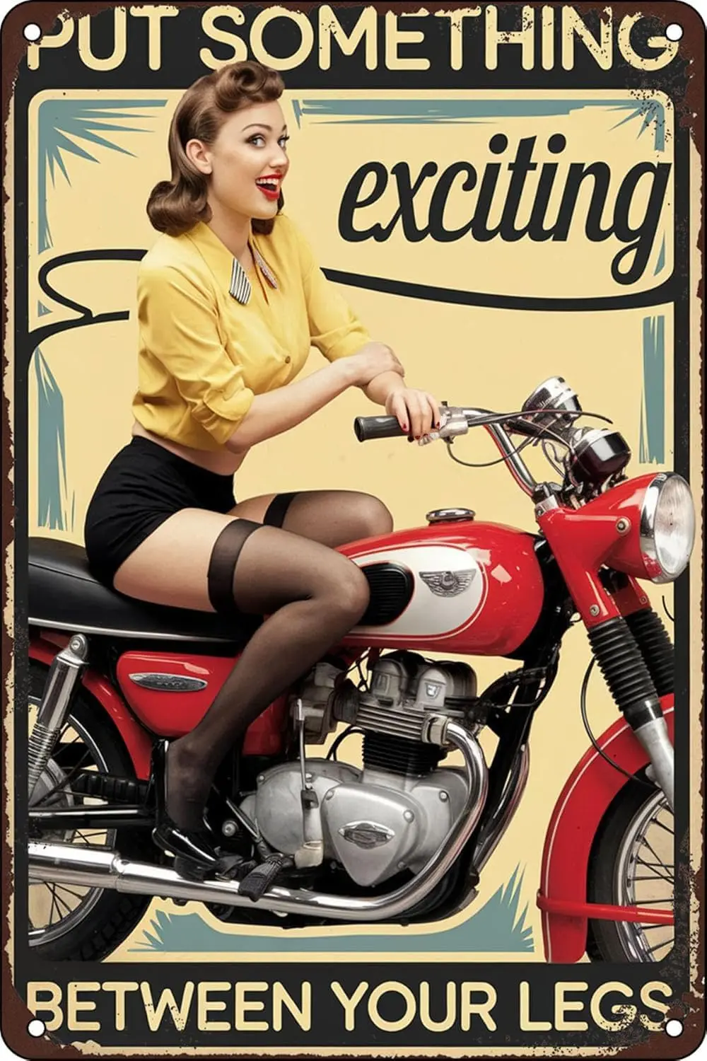 Retro Art Tin Sign Motorcycle Pinup Girl Put Something Exciting Metal Tin Signs Reproduction Vintage Wall Decor Retro Art Tin Si