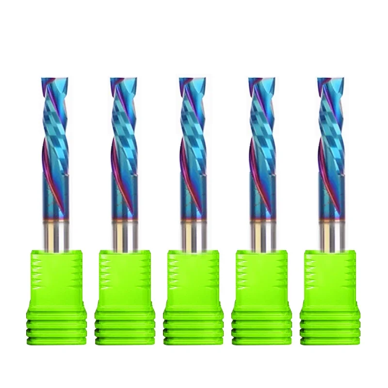 10Pcs Carbide Mill Tool Cutters 3.175/4/6mm 2 Flutes Blue UP And DOWN Cut Nano Coating for CNC Router Compression Wood End Mill