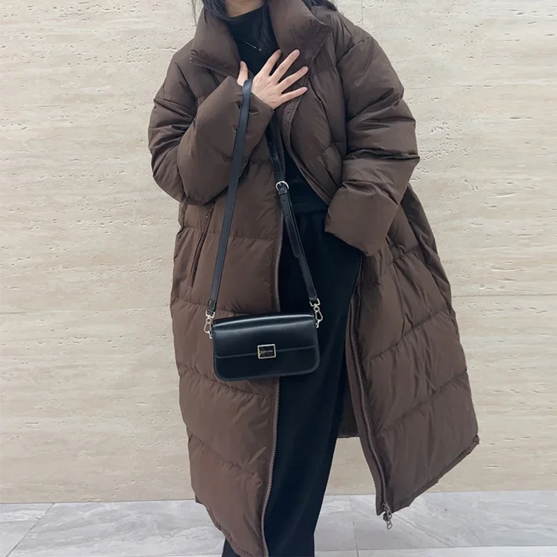 Large Size Winter Long Down Jacket Female Fashion Hoodie Thickened Overcoat White Duck Down Warm Puffer Jacket 2024 Winter New