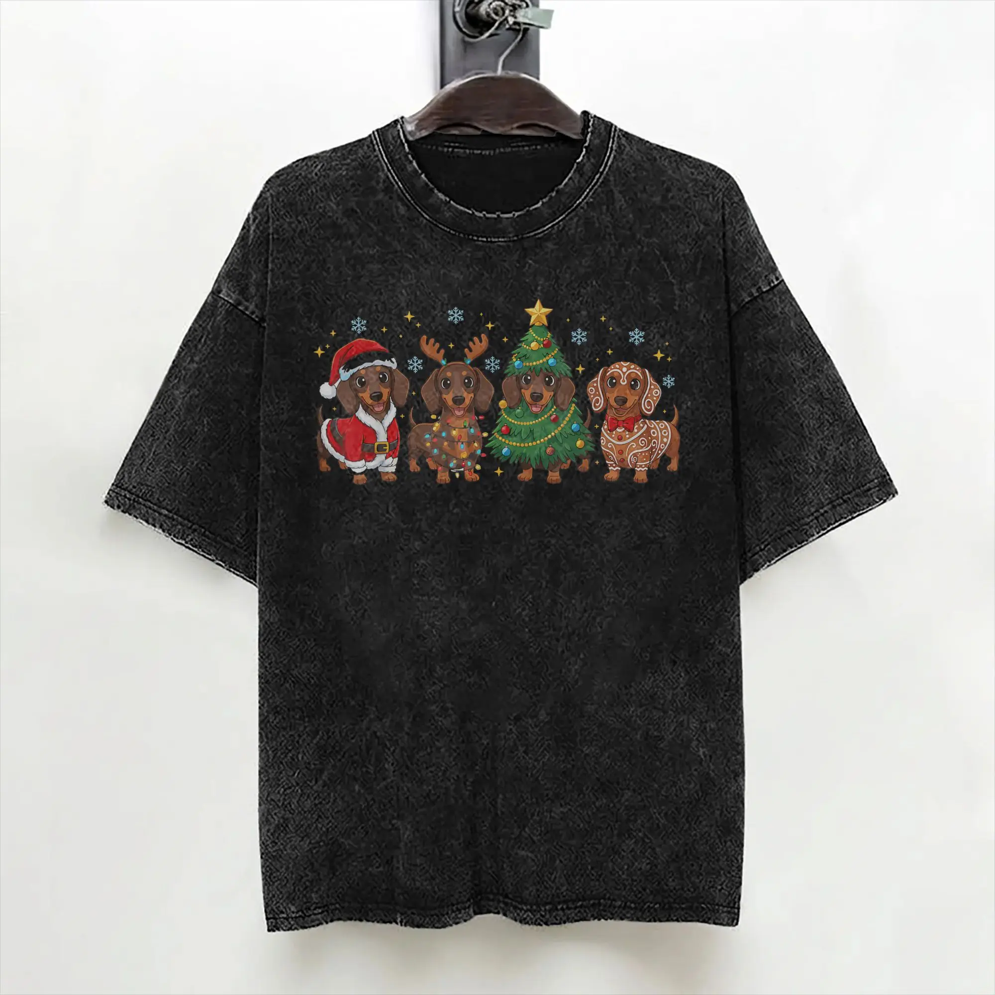Dachshund Christmas Weiner Dog Holiday T Shirt Washed Cotton Oversize T-Shirts  Vintage Men Women Streetwear Printed Tees