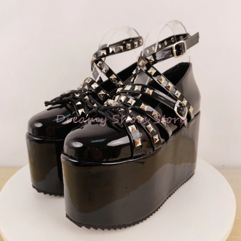 

Black Rivet Patent Leather Platform Wedges Sandals Women Cross Straps Buckle Strap High Heels Punk Sexy Party Club Casual Shoes