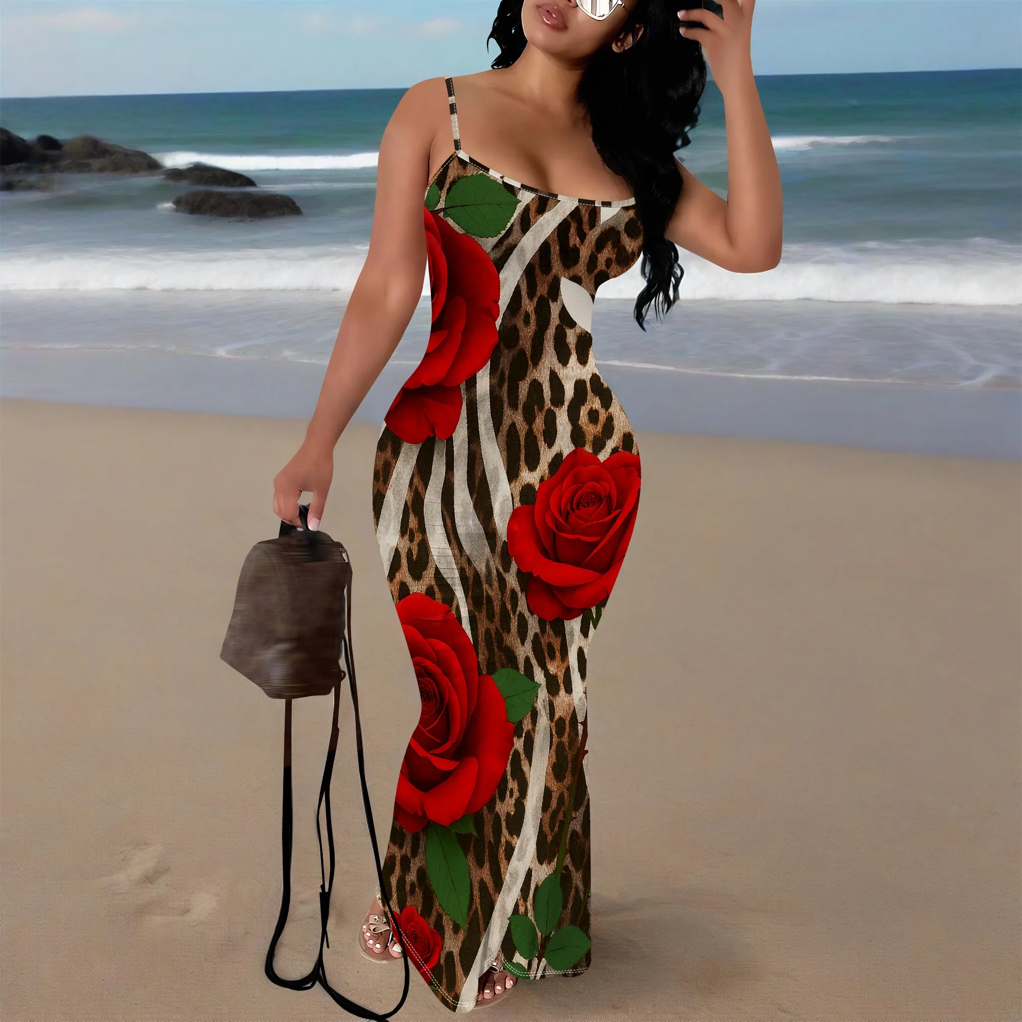 

Sexy Bodycon Maxi Dress for Women Leopard Print & Rose Floral Spaghetti Strap Party Dress XS-3XL