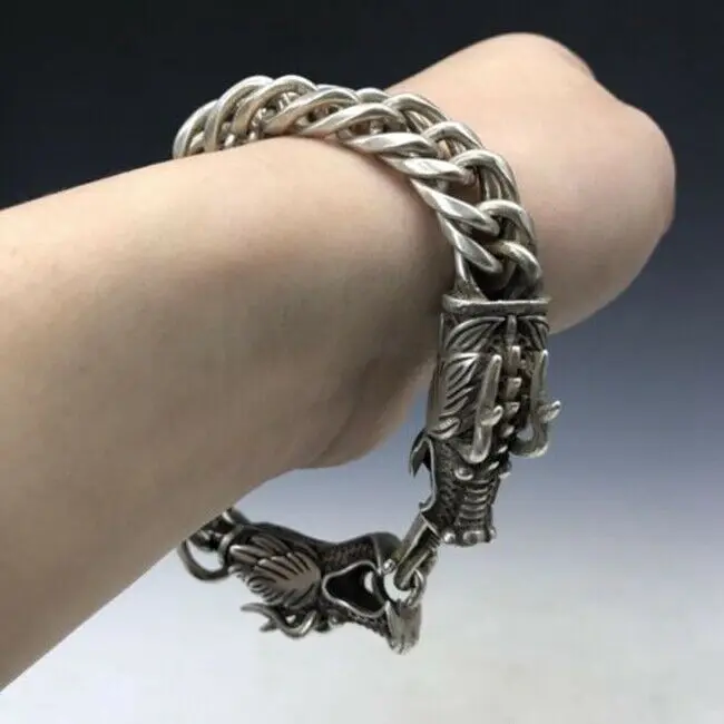 Collection old China Tibet silver exquisite double dragon head bracelet