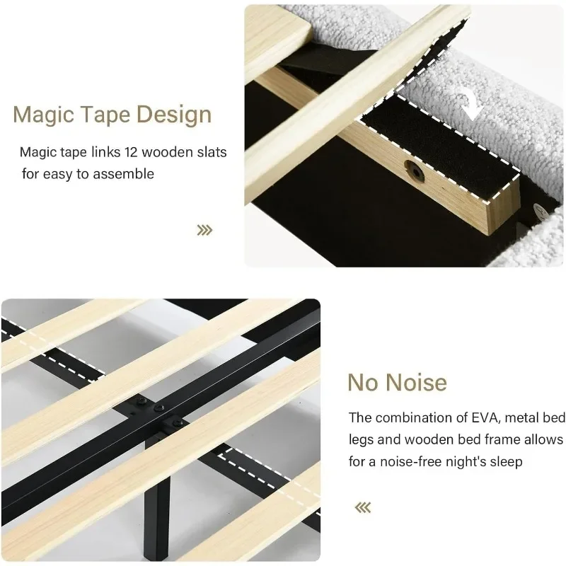 Queen Bed Frame, Boucle Upholstered Platform Bed Frame with Headboard, Modern Style, Soft Rounded Corners, Easy Assembly