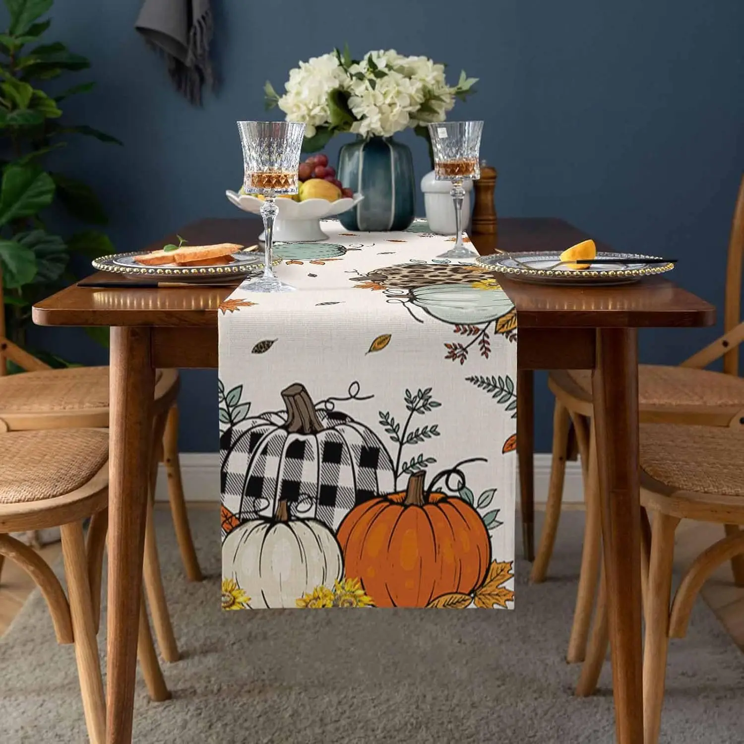 Thanksgiving Pumpkin Maple Leaves Sunflower Linen Table Runners Holiday Party Decorations Farmhouse Home Dining Table Runners