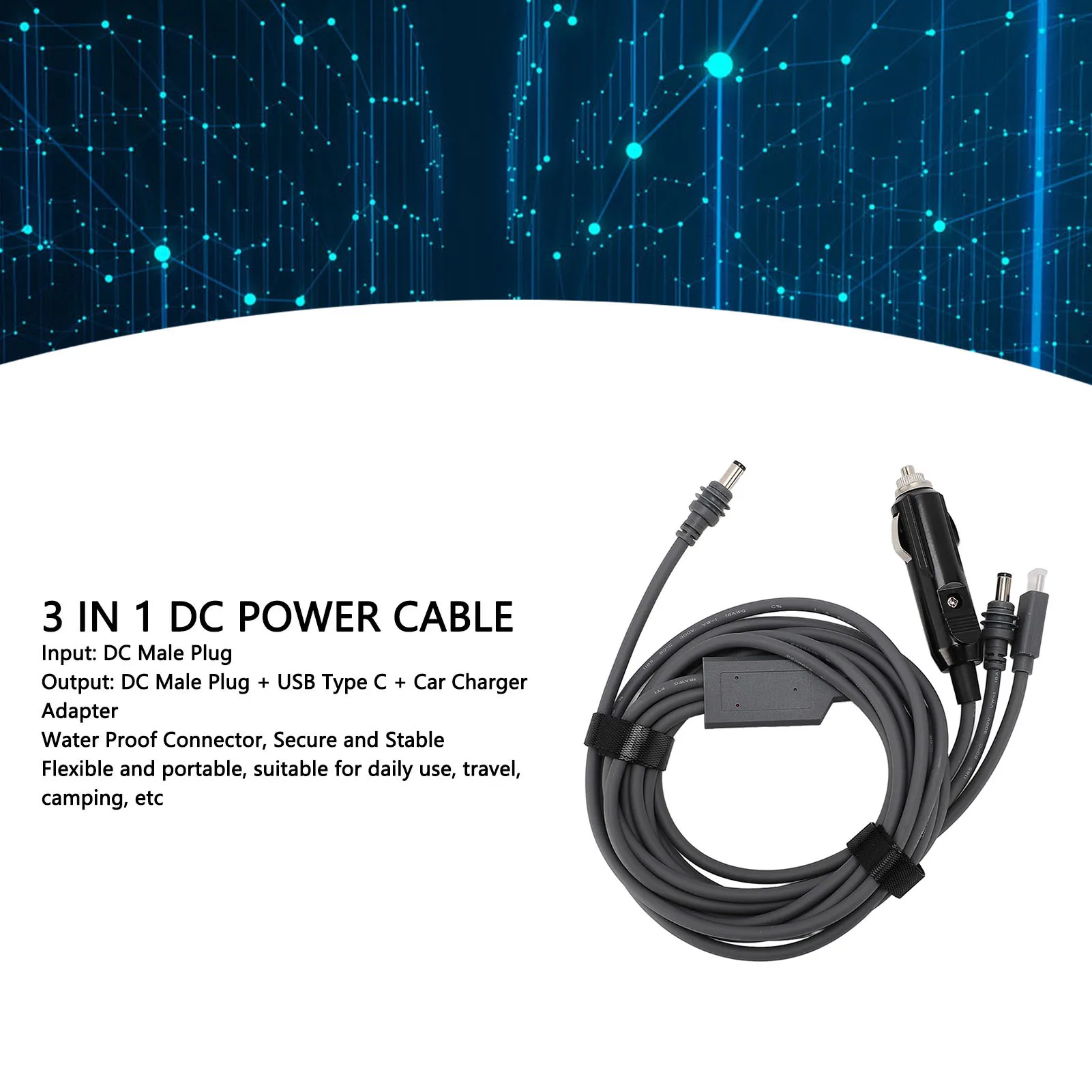 

3 in 1 Power Cable Male Plug to Type C PD100W Car Adapter Cord for Mini Satellite Device to USB Car Cord