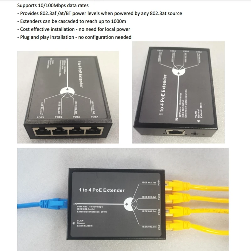 Prolongateur Poe de 1 à 4 Ports, Stérilisation IEEESterilisation 3At, Prolongateur Poe Max 250M 65W Max pour Caméra Ip