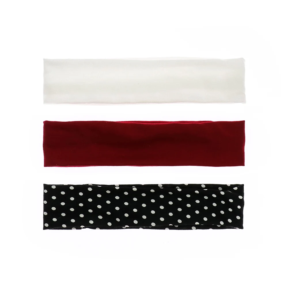 Women Wide Elastic Headband Kit 3pcs Set Solid Polka Dot Print Soft Stretch Sweatband For Sport Yoga Facial Makeup Daily Sweet