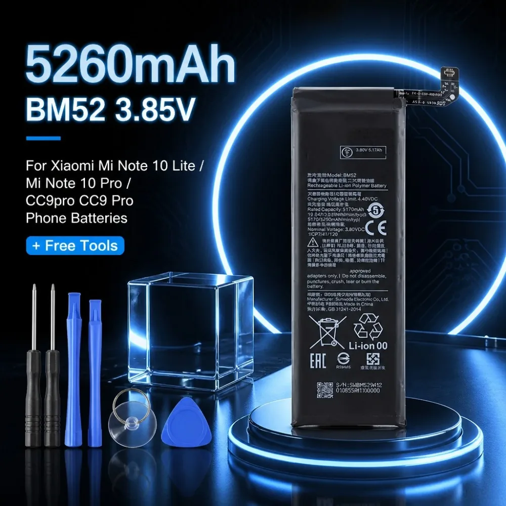 For Xiaomi Mi Note 10 Lite / Mi Note 10 Pro / CC9pro CC9 Pro Phone Batteries + Free Tools In Stock 5260mAh BM52 3.85V Battery