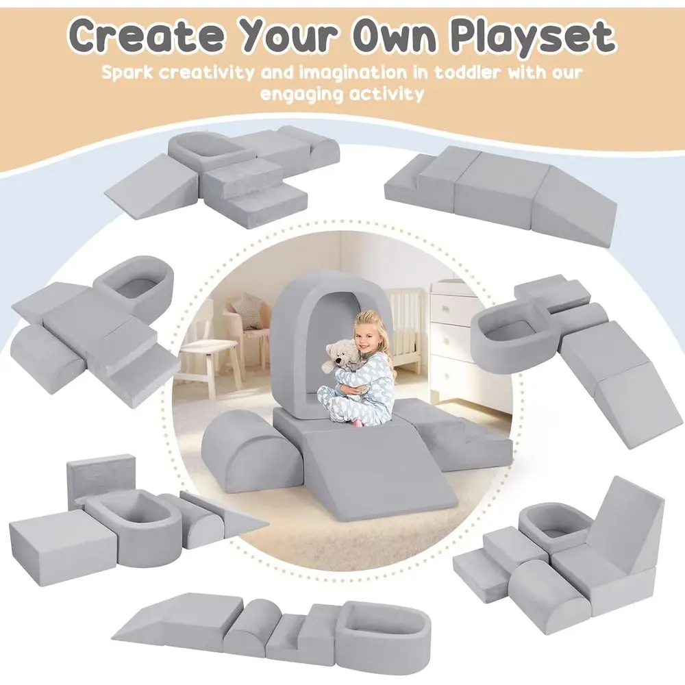 Indoor Toddler Climbing Blocks with Ball Pit, Soft Play Set for Kids (Grey, Balls Not Included)