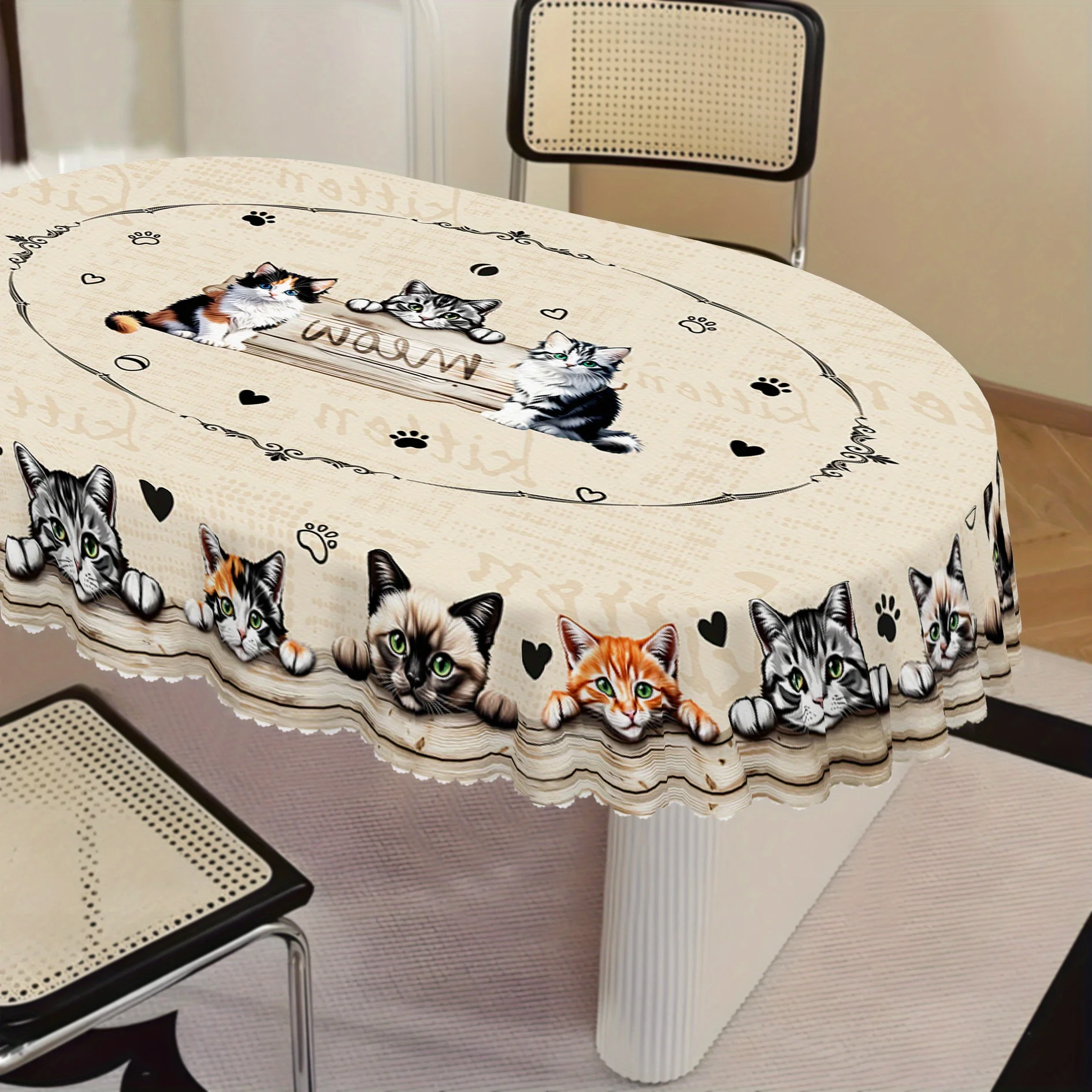 Retro cat paw pattern tablecloth - Cute green-eyed tiger-spotted cat design, with wood-grain pattern designzyc