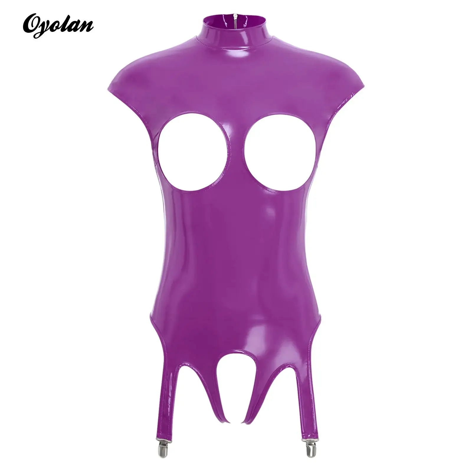 

Womens Sexy Exposed Nipples Crotchless Bodysuit Lingerie Glossy Patent Leather Latex Catsuit Leotard Bodysuit with Garters Clips