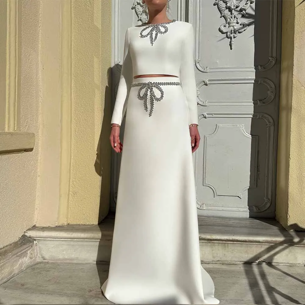 Luxury Dresses Women 2026 Wedding Satin A-line Wedding Party Dresses Ivory O-Neck Rhinestones/Crystals Hollow Pattern Guest Gown