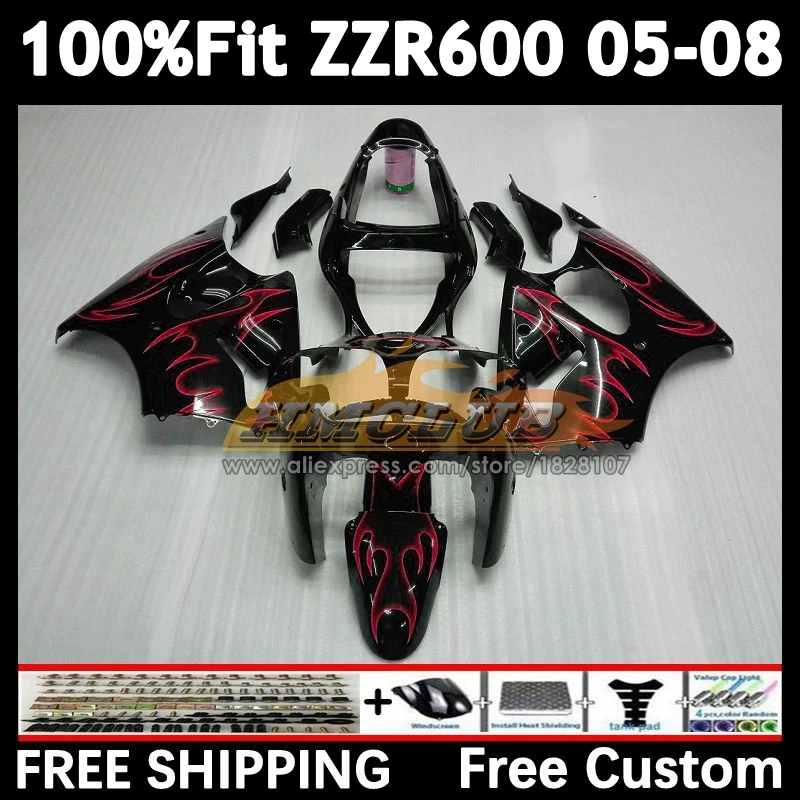 Injection Body For KAWASAKI NINJA 600CC ZZR600 red flames 154No.124 ZZR-600 ZZR 600 05 06 07 08 2005 2006 2007 2008 OEM Fairing